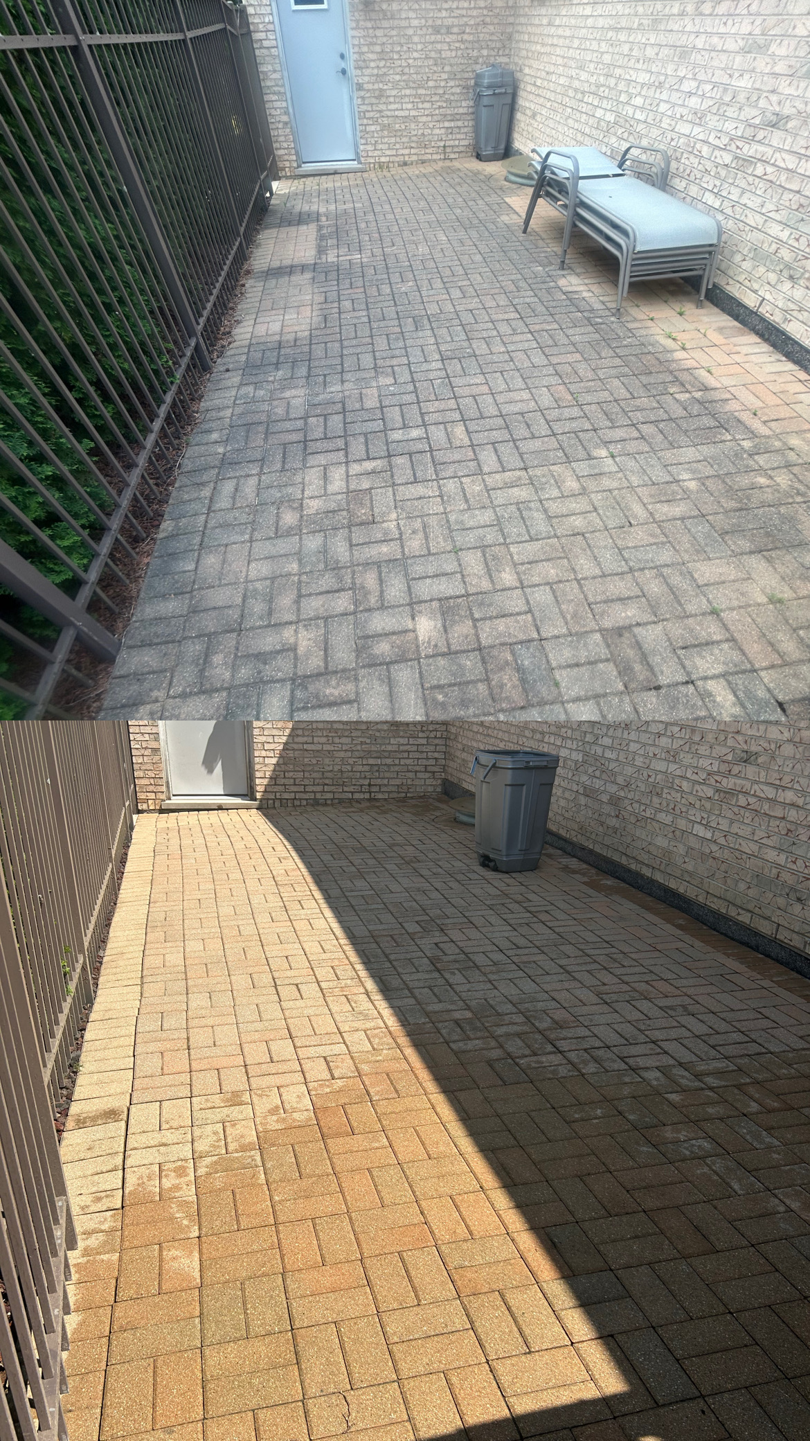 Brick patio before and after cleaning - dramatic transformation